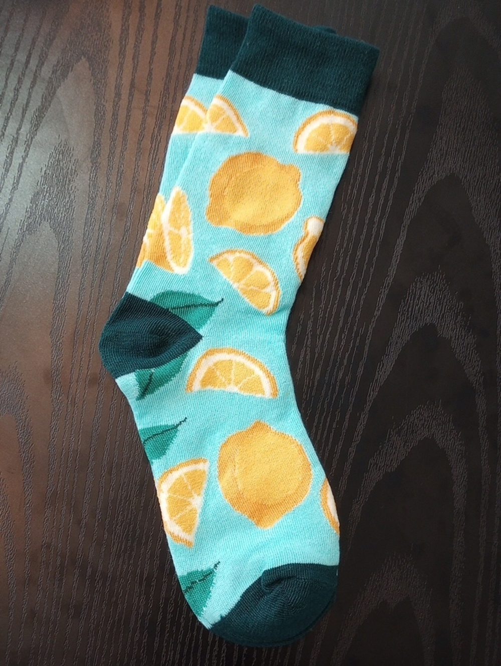 Lemon Print Crew Midcalf Socks Aqua Turquoise & Yellow Green